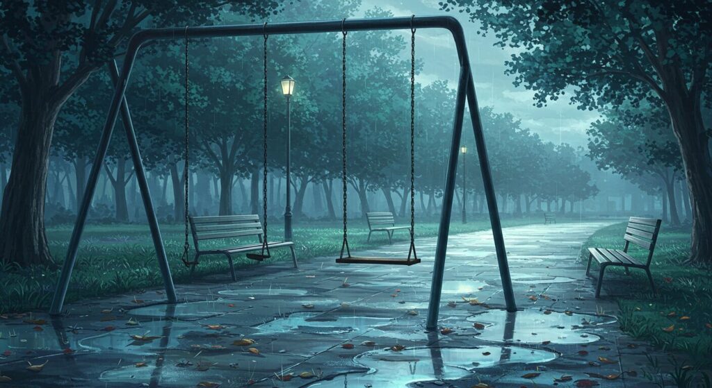 『イリヤの空、UFOの夏』の切ない読後感を象徴する画像。雨の日に、公園で誰も乗っていないブランコが静かに揺れている