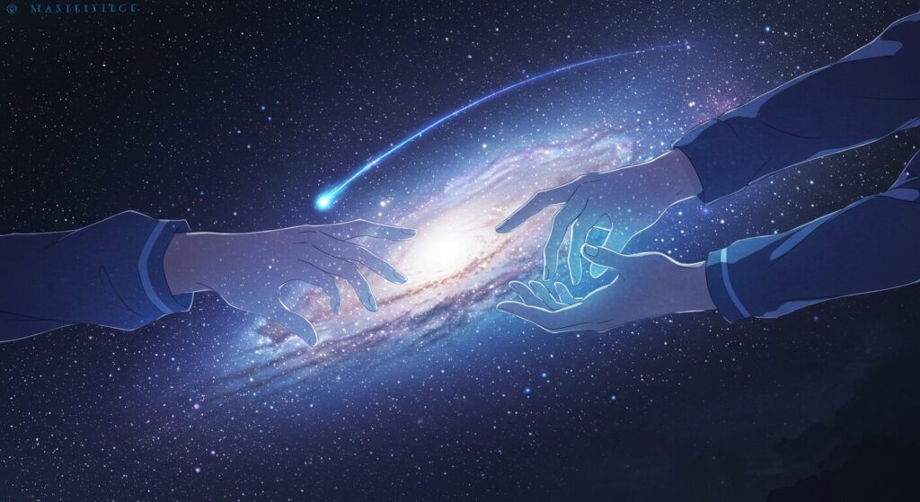 「セカイ系」の概念を象徴する画像。少年と少女の触れ合う手の中に、広大な宇宙と世界の運命が広がっている