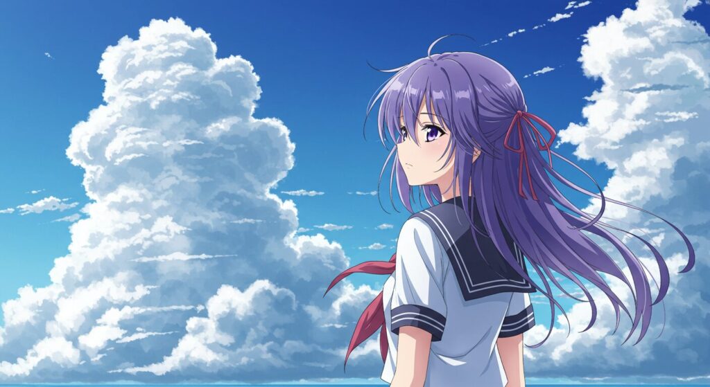 『イリヤの空、UFOの夏』のまとめ画像。夏の空を背景に、ヒロインの伊里野可奈がこちらを振り返っている表紙風のイラスト