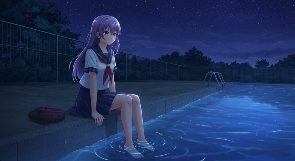 『イリヤの空、UFOの夏』のあらすじを象徴する画像。星空が水面に映る夜のプールサイドに、セーラー服姿のヒロイン伊里野可奈が座っている