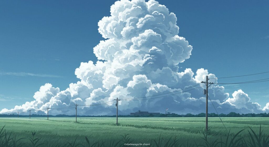 『イリヤの空、UFOの夏』の世界観を象徴する画像。広大な夏の空と入道雲の下に、のどかな田園風景と遠くに見える軍事基地が描かれ、日常と非日常の対比を表している