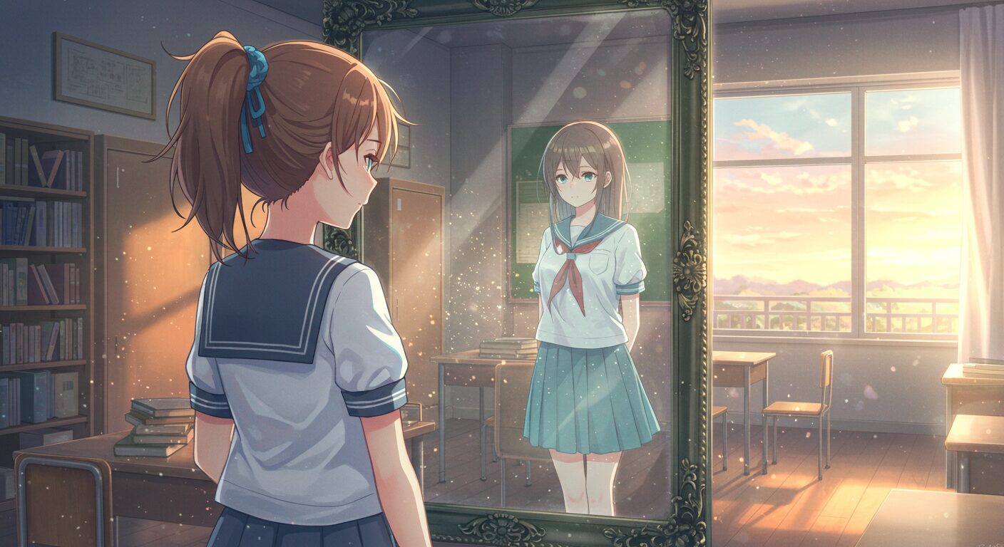 『レプリカだって、恋をする。』のアイキャッチ画像。鏡を挟んで向かい合う、瓜二つのセーラー服の少女。儚く切ない雰囲気