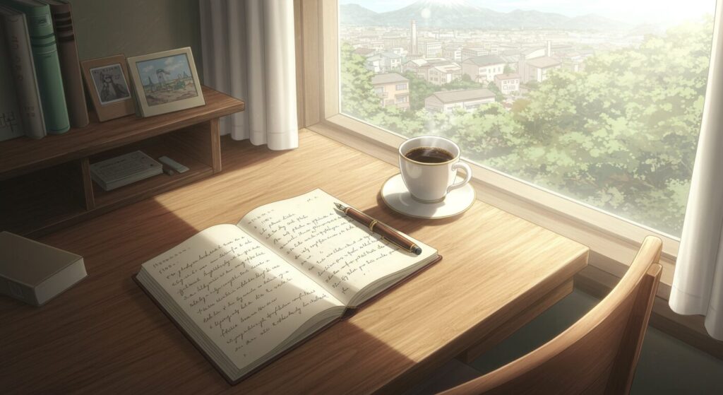 『レプリカだって、恋をする。』の作者と背景を象徴する画像。物語が執筆されているかのような、穏やかな光が差す机の上