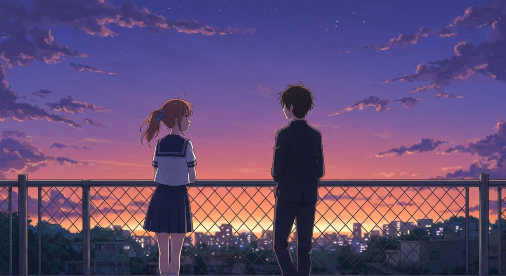 『レプリカだって、恋をする。』の登場人物の魅力を象徴する画像。夕暮れの屋上で、セーラー服の少女と少年が並んで街を眺めている