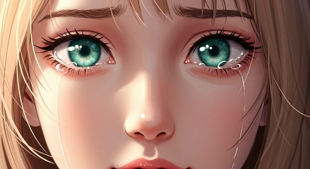 『レプリカだって、恋をする。』の物語の核心を象徴する画像。強い意志と涙を浮かべた少女の顔のクローズアップ