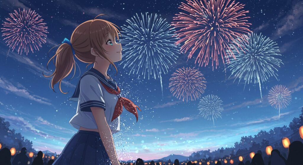 『レプリカだって、恋をする。』の見どころを象徴する画像。夏祭りの花火を嬉しそうに見上げるも、体が少し透けているセーラー服の少女