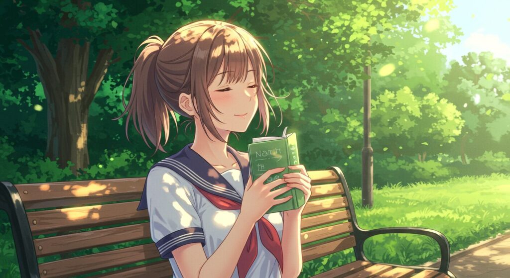 『レプリカだって、恋をする。』の楽しみ方を象徴する画像。公園のベンチで本を閉じ、満足げに目を閉じるセーラー服の少女