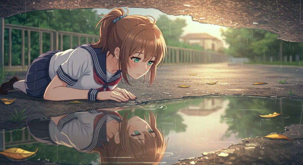 『レプリカだって、恋をする。』のアイデンティティの葛藤を象徴する画像。雨上がりの水たまりに映る自分を見つめるセーラー服の少女