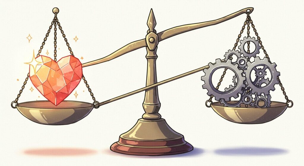 『レプリカだって、恋をする。』の賛否両論を象徴する画像。ハート(感情)と歯車(設定)が乗った天秤が釣り合っている