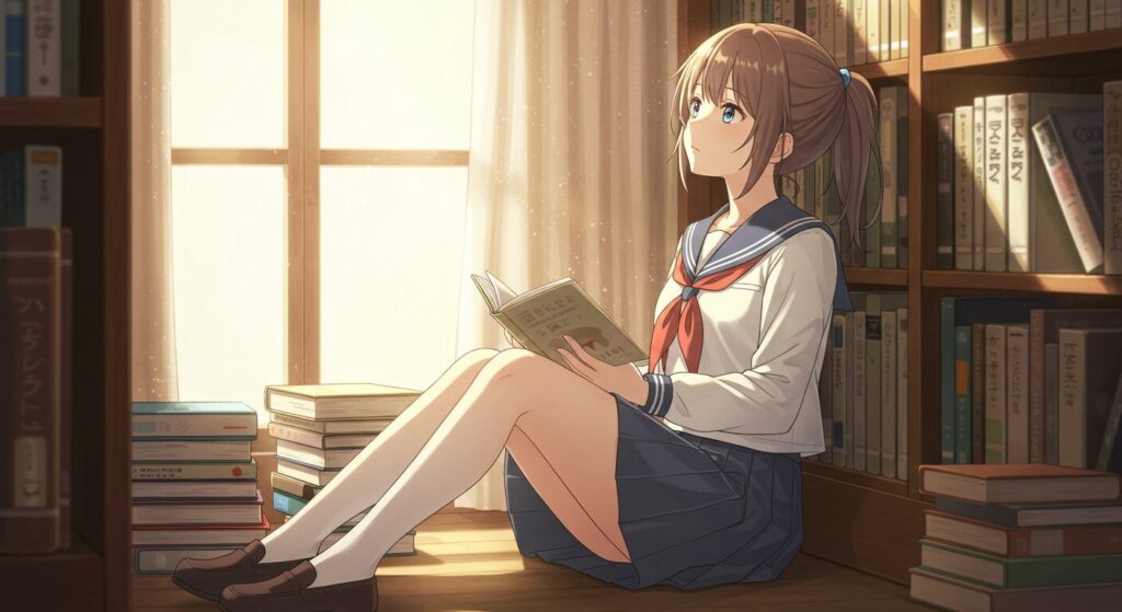 『レプリカだって、恋をする。』の評価と感想を象徴する画像。図書館で本を手に物思いにふけるセーラー服の少女