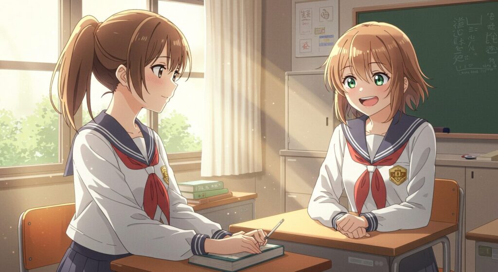『レプリカだって、恋をする。』の登場人物りっちゃんの役割を象徴する画像。部室で主人公ナオに優しく微笑みかける後輩の少女