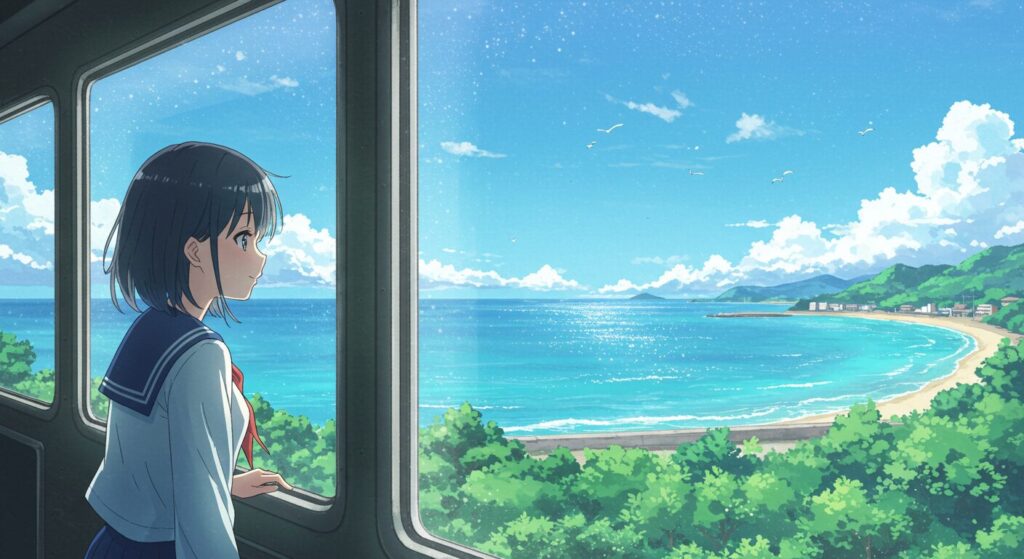 『レプリカだって、恋をする。』の舞台、静岡を象徴する画像。海沿いを走る電車の車窓から見える、きらきらと輝く夏の海