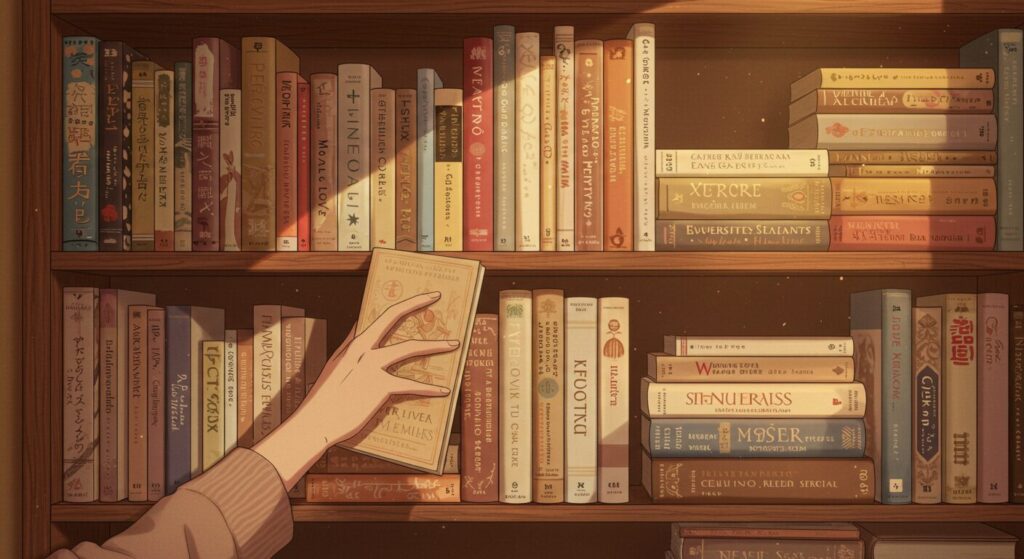『レプリカだって、恋をする。』が好きな人へのおすすめ作品を紹介する画像。美しい本が並ぶ本棚から、一冊の本を抜き取る手