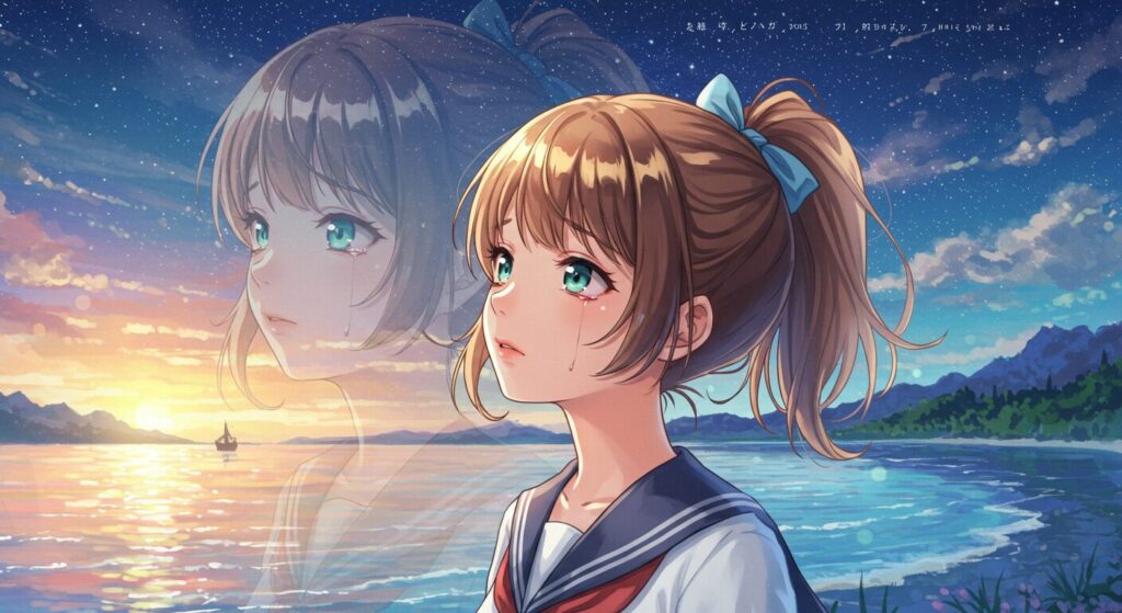 『レプリカだって、恋をする。』のまとめを象徴する画像。希望に満ちた表情の少女と、背後に浮かぶもう一人の自分の幻影が描かれた、美しい表紙風のイラスト