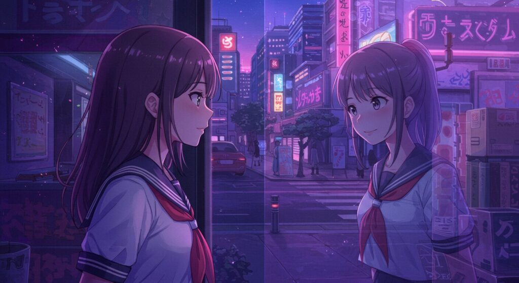 『レプリカだって、恋をする。』の登場人物、素直の複雑な感情を象徴する画像。ショーウィンドウに映る理想の自分(ナオ)を、嫉妬の表情で見つめる少女