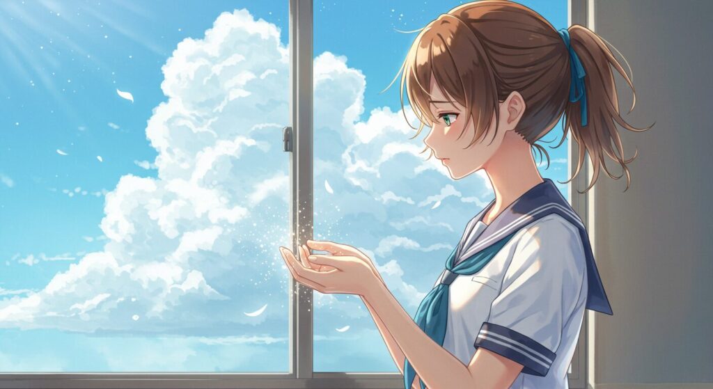 『レプリカだって、恋をする。』のあらすじとテーマを象徴する画像。教室の窓辺に立つセーラー服の少女が、少しだけ透けた自分の手を見つめている