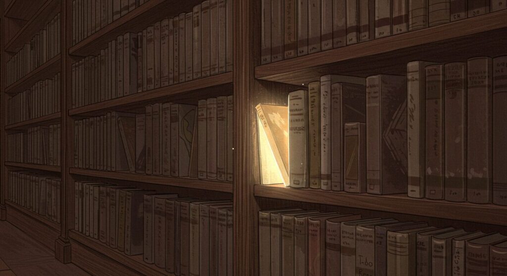 図書館の本棚で一冊だけが光っているイラスト。綾崎隼先生の他のおすすめ作品を紹介するイメージ画像