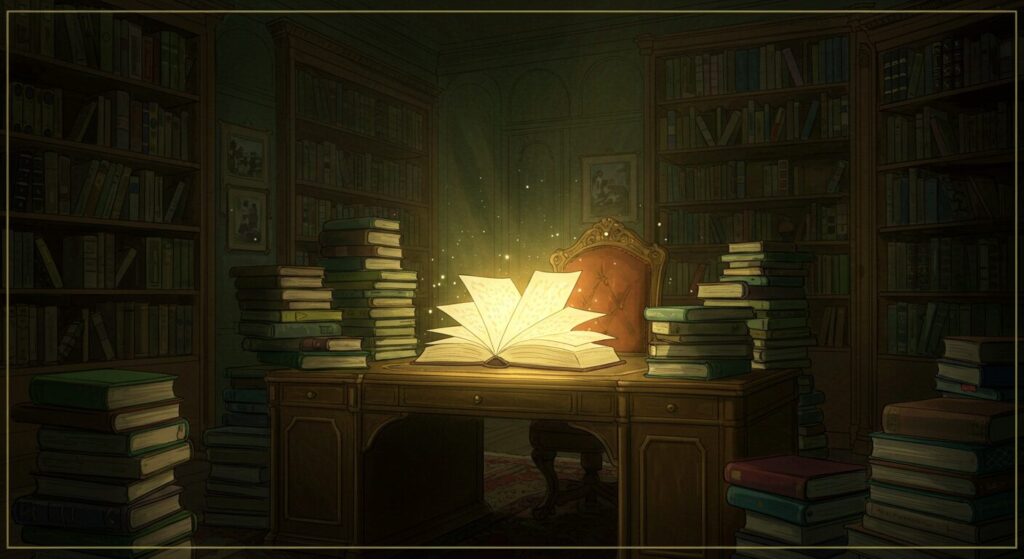書斎に積まれた本のうち一冊だけが光を放っているイラスト。作家・綾崎隼の世界観を象徴する画像