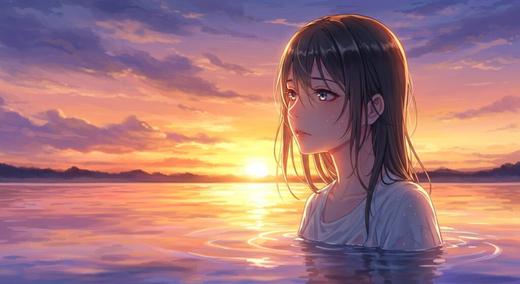 水面から顔を出し朝日を浴びる少女のイラスト。『死にたがりの君に贈る物語』の希望に満ちたラストを象徴する画像