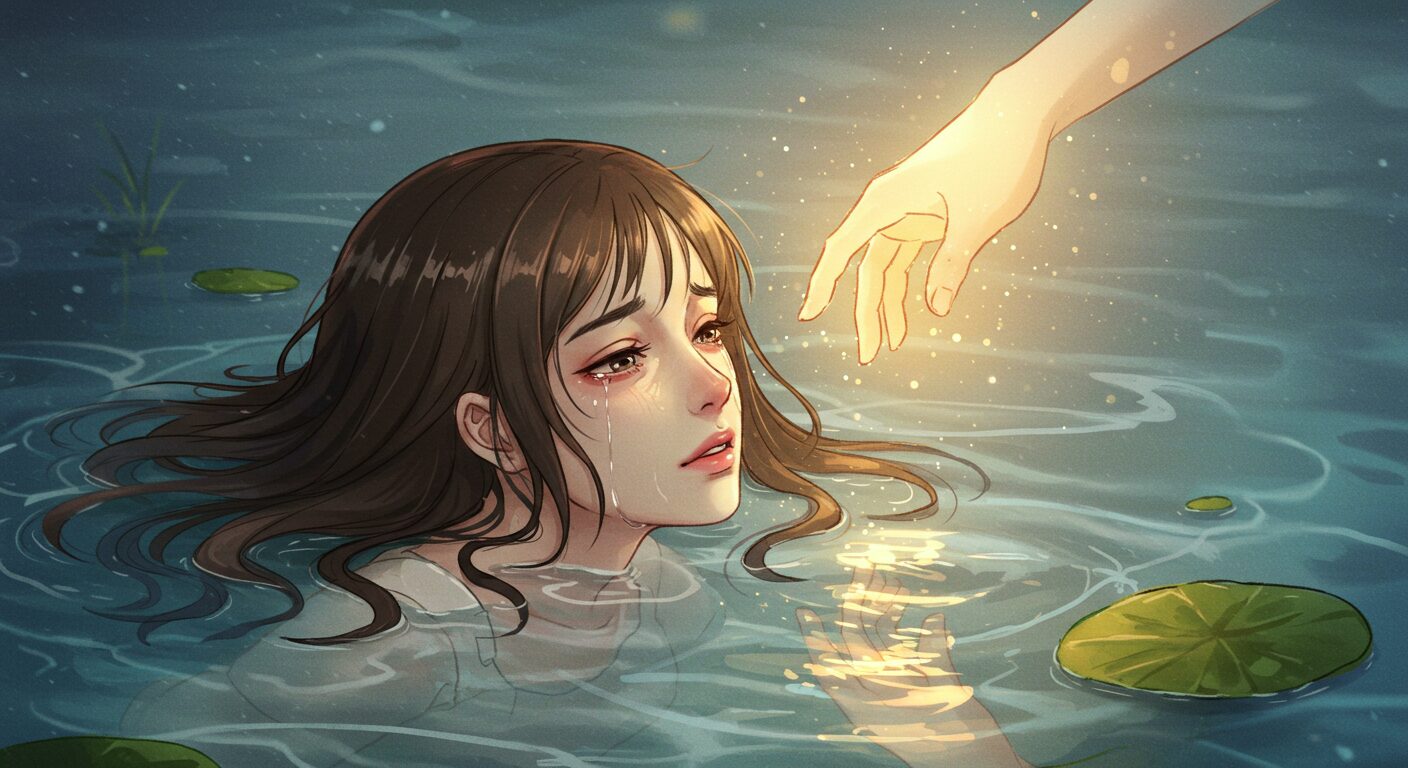 水の中に浮かぶ少女に光の手が差し伸べられる幻想的なイラスト。『死にたがりの君に贈る物語』の救済のテーマを象徴するアイキャッチ画像