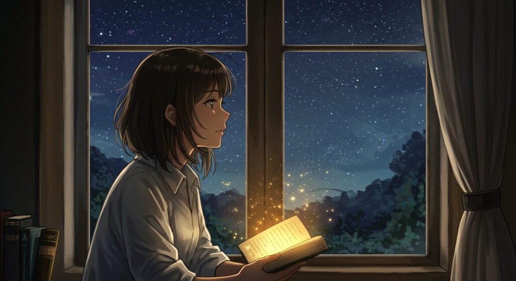 窓の外を見ながら開いた本に思いを馳せる少女のイラスト。『死にたがりの君に贈る物語』の伏線考察を象徴する画像