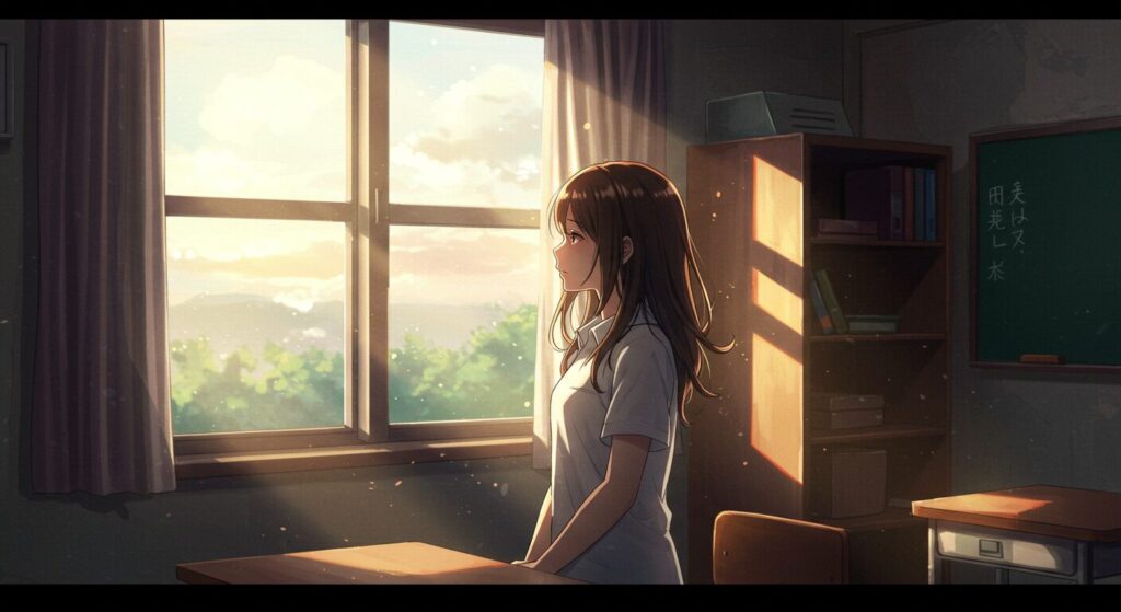 廃校の教室で窓の外の光を見つめる少女のイラスト。『死にたがりの君に贈る物語』の再生の始まりを象徴する画像