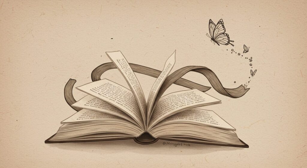 メビウスの輪のように繋がった本のイラスト。『死にたがりの君に贈る物語』の再読したくなる魅力を象徴する画像
