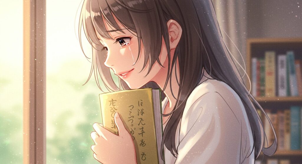 本を胸に抱きしめ、感動の涙を流しながら穏やかに微笑む少女のイラスト。『死にたがりの君に贈る物語』の感動レビューを象徴する画像