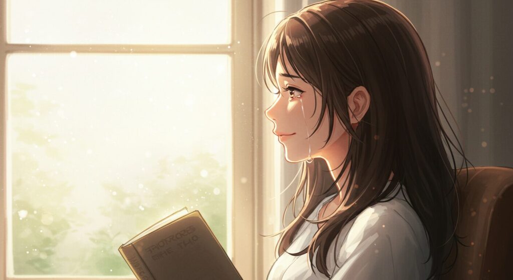 本を読み終え、涙を流しながらも穏やかに微笑む少女のイラスト。『死にたがりの君に贈る物語』の感動的な読後感を象徴する画像