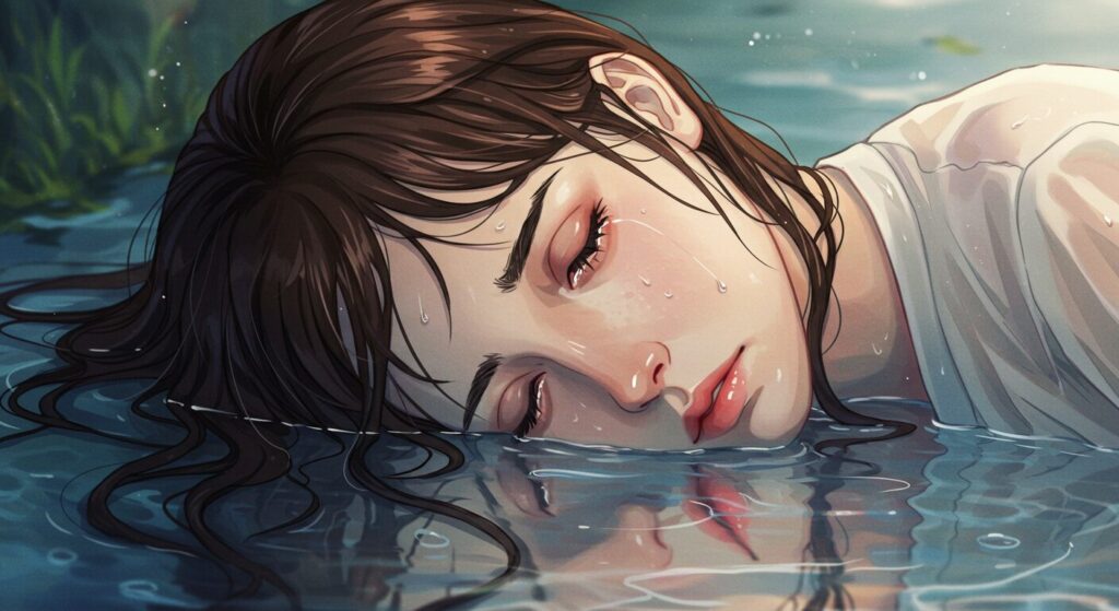 水の中に静かに横たわり涙を流す少女のイラスト。『死にたがりの君に贈る物語』のあらすじの導入部を象徴する画像