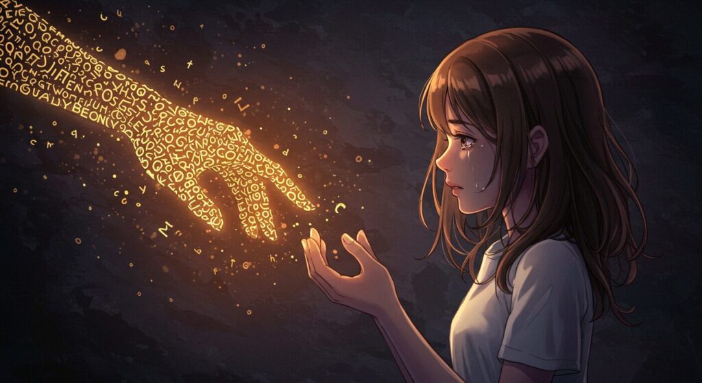 少女の手と言葉でできた光る手が触れ合おうとしている幻想的なイラスト。『死にたがりの君に贈る物語』の相互救済のテーマを象徴する画像