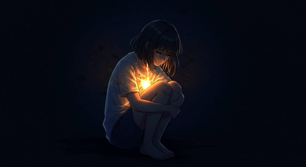 暗闇でうずくまる少女の胸から温かい光が漏れているイラスト。『死にたがりの君に贈る物語』の「生きたい」というテーマを象徴する画像