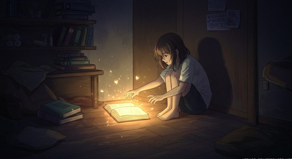 暗い部屋で光る一冊の本に少女が手を伸ばしているイラスト。『死にたがりの君に贈る物語』のテーマを象徴する画像