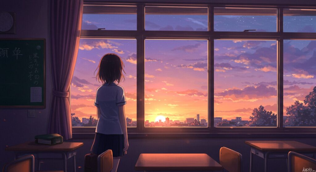 夕暮れの教室で窓の外を眺める少女の後ろ姿のイラスト。『死にたがりの君に贈る物語』の青春小説としての側面を象徴する画像
