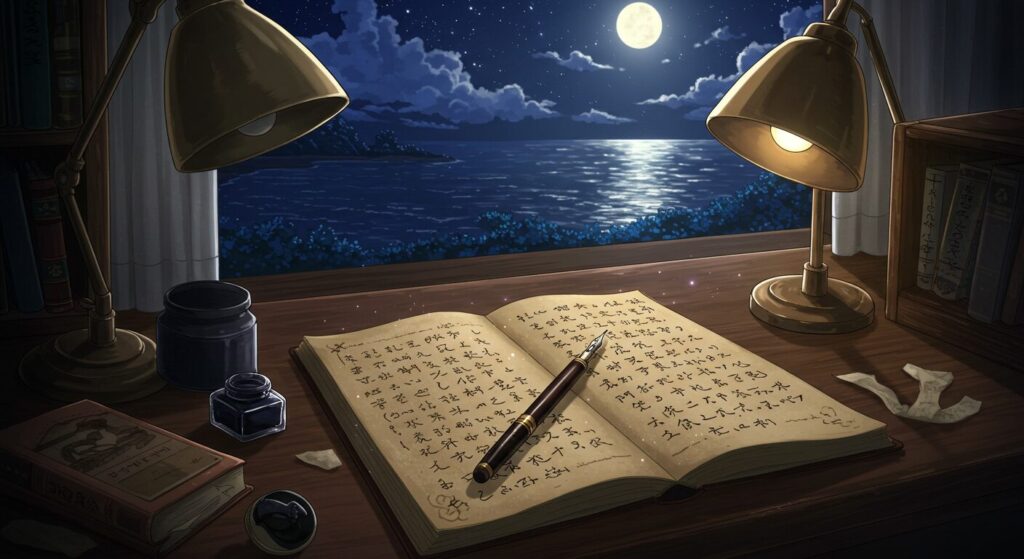 夜の海の見える書斎の机。開かれた原稿用紙と万年筆が置かれ、物語が生まれる瞬間をイメージさせるイラスト。作者・汐見夏衛先生の世界観を象徴している