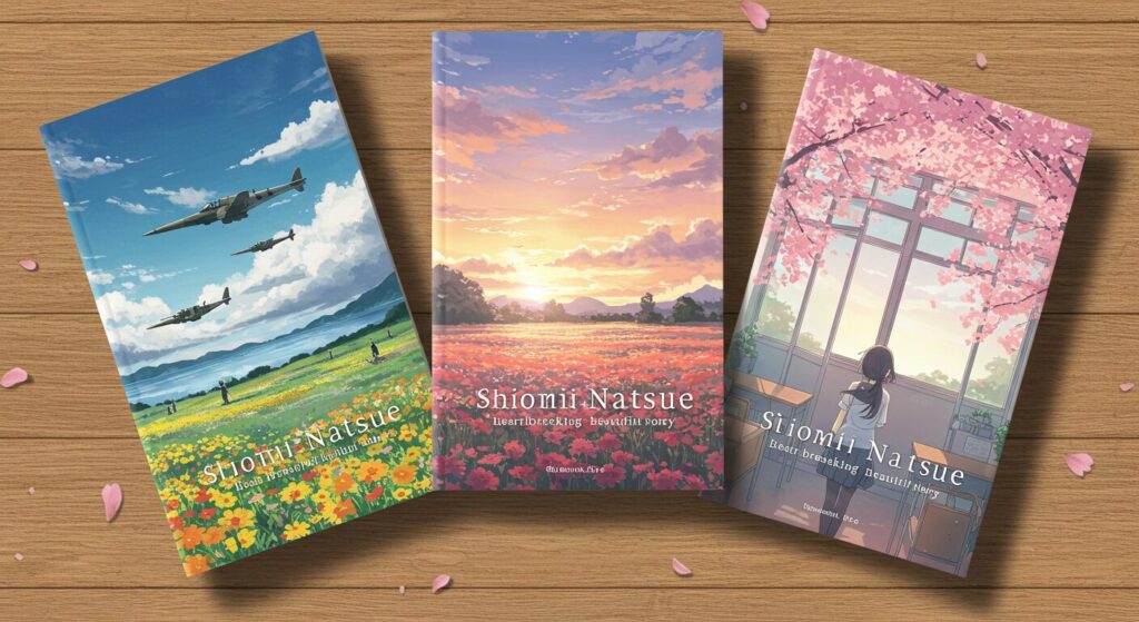 汐見夏衛先生のおすすめ作品を象徴する3冊の本が並んでいるイラスト。それぞれが切なく美しい物語を予感させる