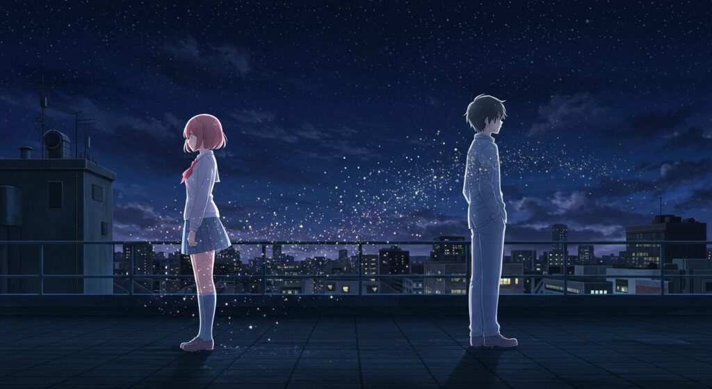 夜景の見える屋上で、少し離れて立つ半透明の少女と少年(天国までの49日間)。二人の間の切ない距離感と絆を象徴するイラスト