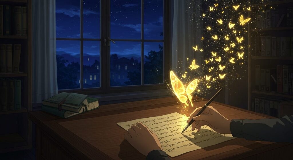 夜景の見える書斎で、万年筆から生まれた光の蝶が飛び立っていく幻想的なイラスト。作家が物語を紡ぐ様子を象徴している