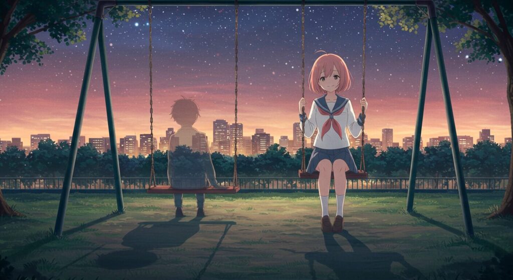 夜の公園のブランコに座る半透明の少女(天国までの49日間)。隣には誰もいないが、地面には男の子の影が寄り添っている