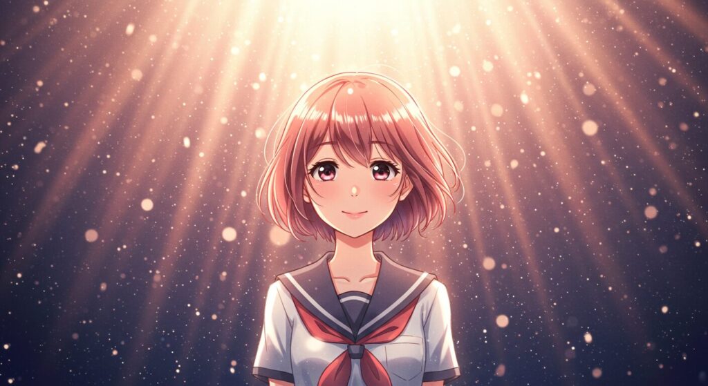 光の中で穏やかな微笑みを浮かべるセーラー服の少女(天国までの49日間)。物語の希望に満ちた結末を象徴するイラスト
