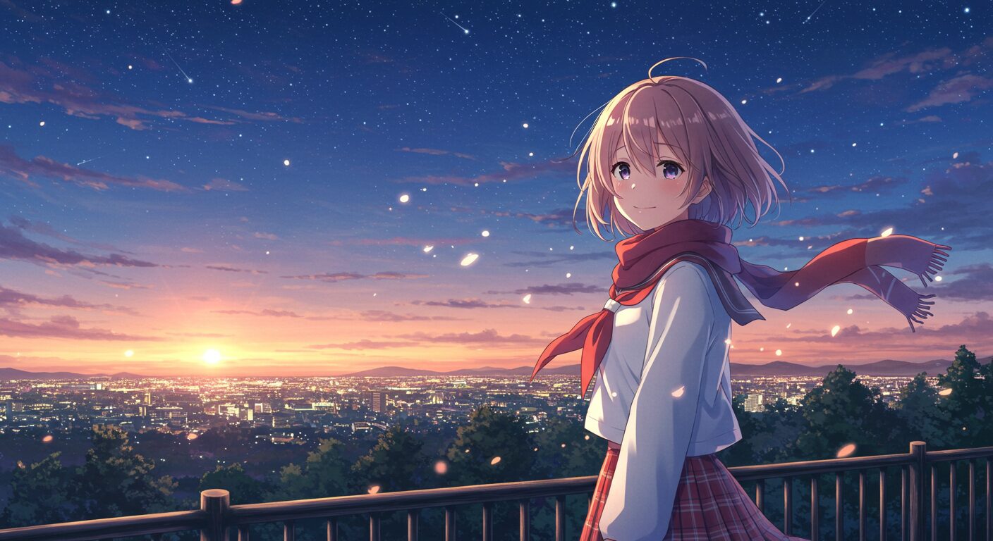アニメ調のイラスト。夜明けの空と星空が広がる丘の上の公園で、セーラー服の少女（折原安音）が街を見下ろしながら佇んでいる。希望と切なさが同居する幻想的な雰囲気