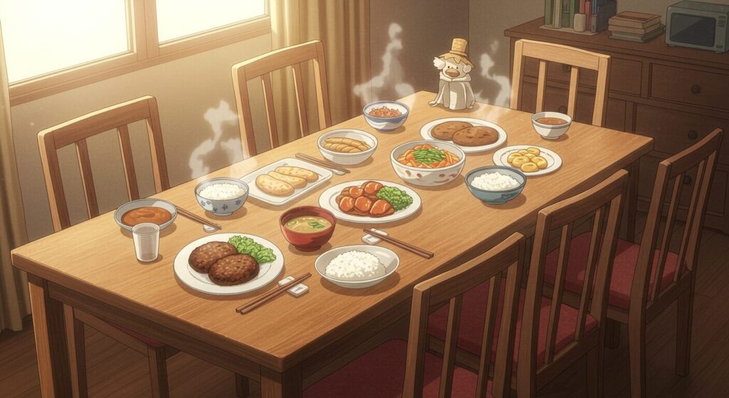 温かい料理が並ぶ食卓と、今は誰も座らない一つの席。亡くなった娘への家族の愛情を象徴する切ないイラスト