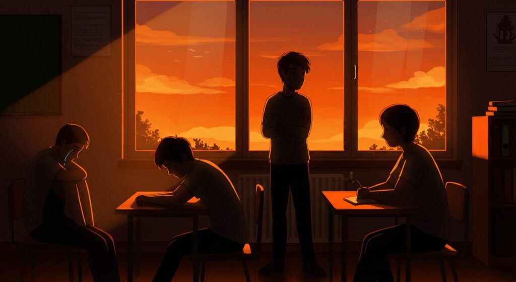 夕暮れの教室にいる三人の生徒のシルエット。いじめにおける被害者、加害者、傍観者の複雑な関係性を象徴するイラスト