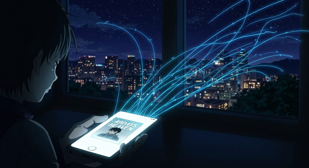 スマートフォンに映る本の情報から、光のラインが広がっていくイラスト。公式サイトやSNSでの情報収集を象徴している