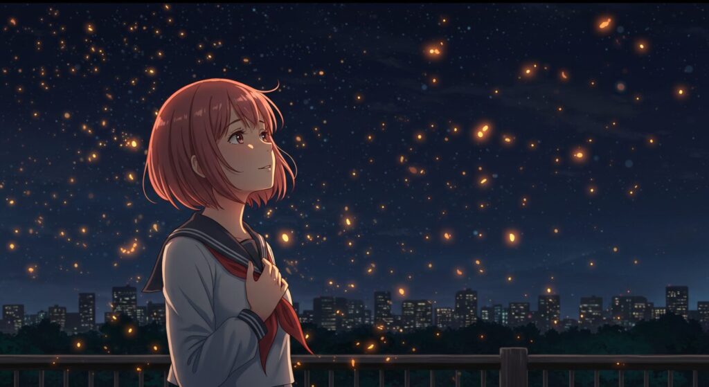 夜空の下で安らかな表情を浮かべる少女(天国までの49日間)。彼女の周りを舞う光の粒子が感動的な雰囲気を演出している