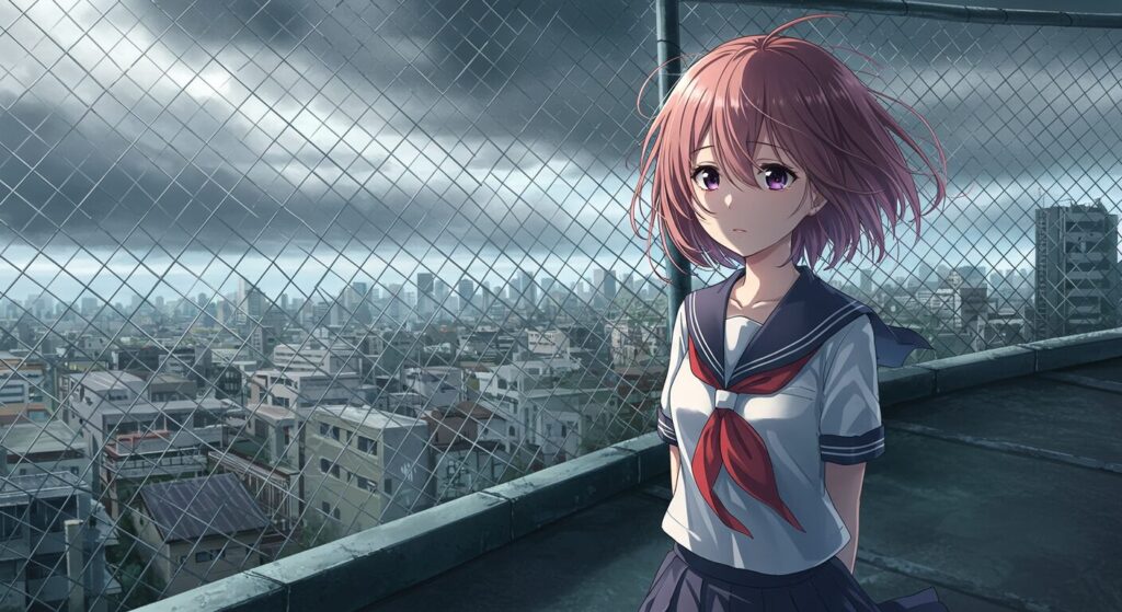 ビルの屋上で虚ろな表情で街を見下ろすセーラー服の少女(天国までの49日間)。物語の衝撃的な始まりを象徴するシーン