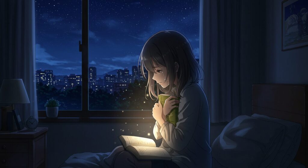 夜の部屋で本を読み、涙を浮かべて物思いにふける少女のイラスト。「天国までの49日間」の読者をイメージした感動的なシーン