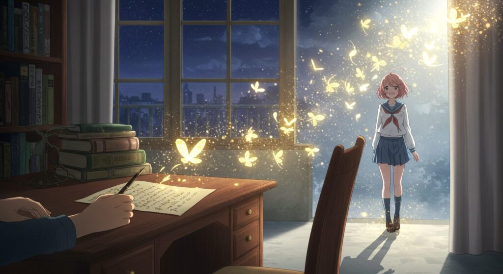 光に満ちた空間の中を歩いていくセーラー服の少女(天国までの49日間)。穏やかな微笑みを浮かべた希望に満ちた後ろ姿