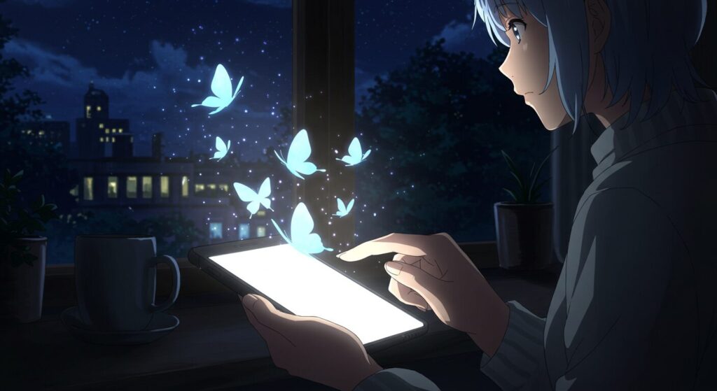 スマートフォンの光る画面から、青白い蝶が夜空へ飛び立っていく幻想的なイラスト。SNSでの口コミや感想の広がりを象徴している