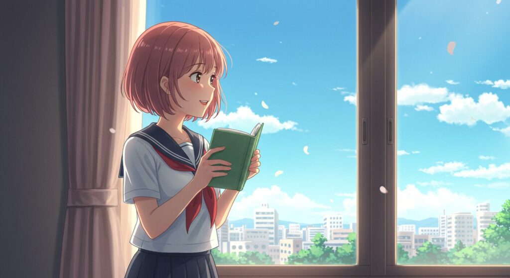 読み終えた本を閉じ、晴れやかな表情で窓の外を見つめる少女(天国までの49日間)。希望に満ちた読後感を象徴するイラスト